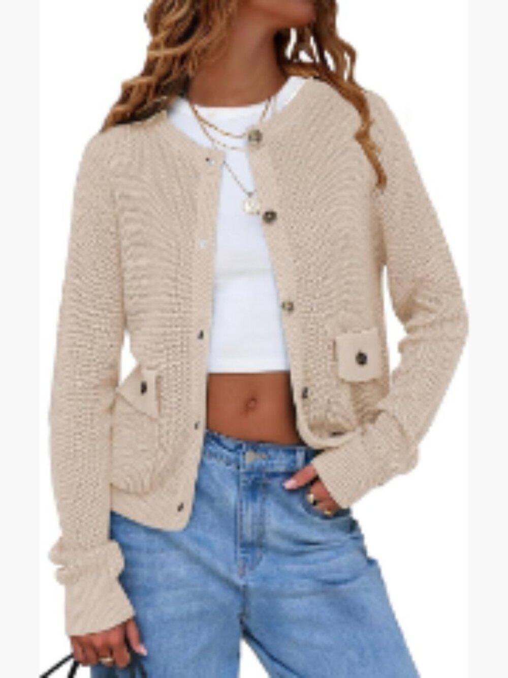 Knit Cardigan Sweater Open Front Button Down Long Sleeve Crewneck with Pockets